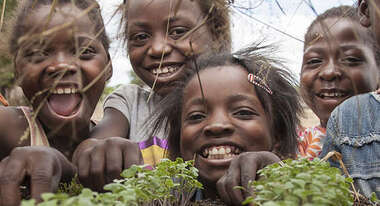 Kinder gucken sich den Anbau von Pflanzen an