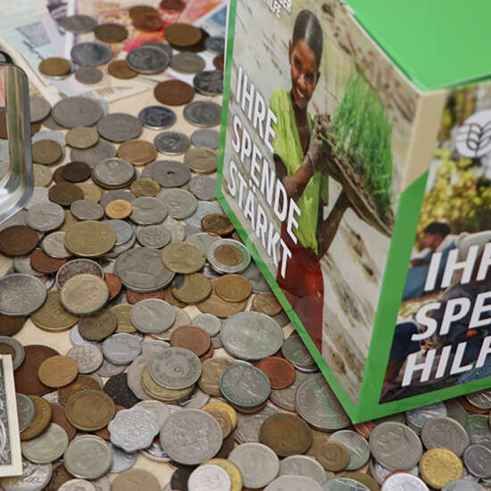 Symbolbild: Spendenbox und Spendendose der Welthungerhilfe, umgeben von Münzen und Scheinen unterschiedlicher Währungen