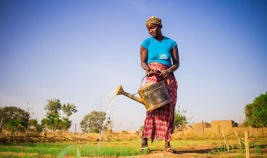 Eine Frau steht auf dem Feld und gießt ein Feld.