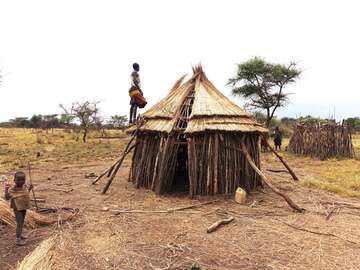 Der Bau einer Hütte aus Holz und Stroh ist im Gange