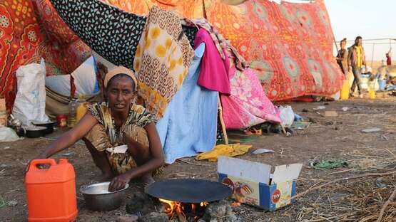 Eine Frau bereitet eine Mahlzeit zu, im Hintergrund sieht man eine provisorische Unterkunft. Foto: WFP