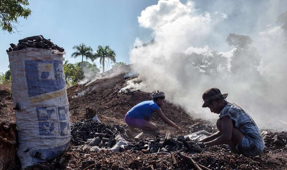 Holzkohle-Produktion in Haiti: Frauen sortieren fertige Holzkohle und packen sie in große Säcke, die sie dann an Händler auf dem Markt verkaufen. 