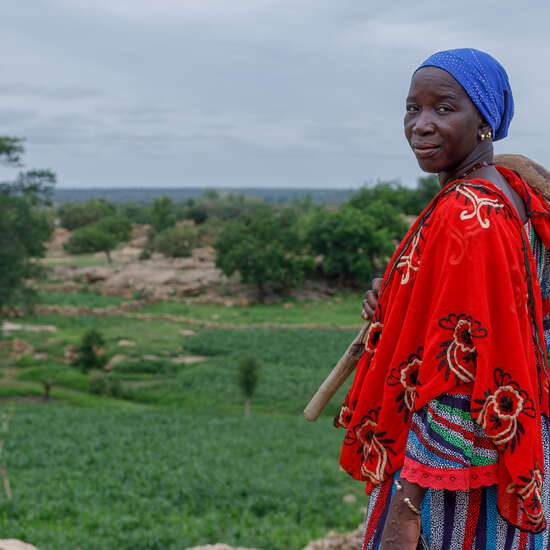 Eine Frau in farbenfroher Kleidung steht mit einem landwirtschaftlichen Werkzeug auf einem Feld in Mali.