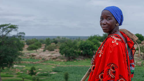 Eine Frau in farbenfroher Kleidung steht mit einem landwirtschaftlichen Werkzeug auf einem Feld in Mali.