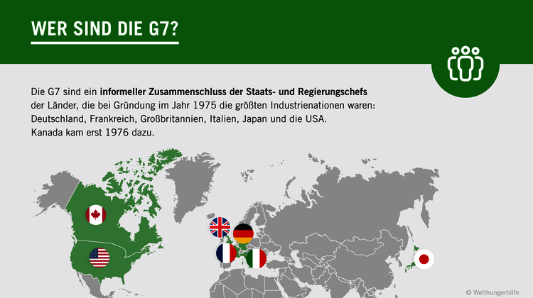 Grafik: Wer sind die G7? Die G7 sind ein informeller Zusammenschluss der Staats- und Regierungschefs aus den zu ihrer Gründungszeit bestandenen größten Industrienationen: Deutschland, Frankreich, Großbritannien, Italien, Japan und die USA. Gegründet wurden sie 1975, Kanada kam erst 1976 dazu