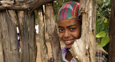 Kind schaut zwischen Baumstämmen hindurch und lacht in die Kamera.