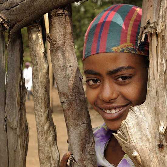 Kind schaut zwischen Baumstämmen hindurch und lacht in die Kamera.