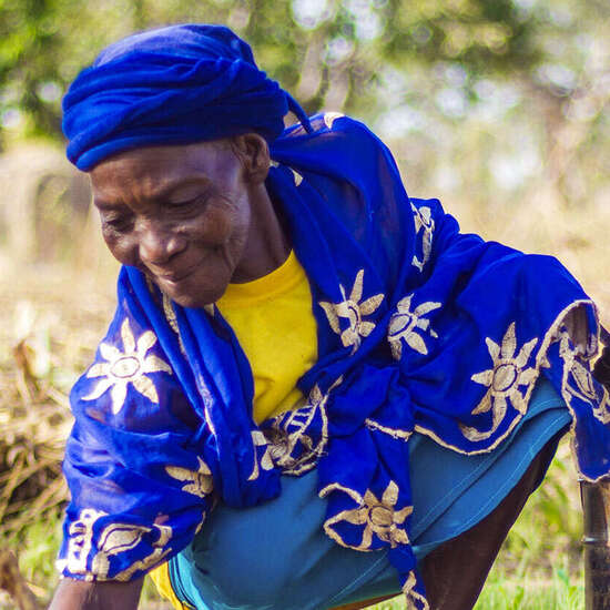 Eine Frau in blauer Kleidung hockt auf einem Feld und kümmert sich um junge Pflanzen. Neben ihr stehen zwei Gießkannen aus Metall. 