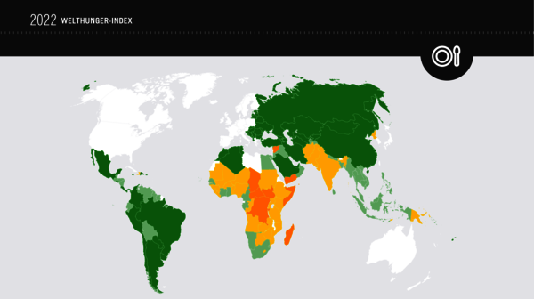 Weltkarte zum Welthunger-Index 2022: Länder sind in Grün, Gelb oder Orange eingefärbt je nach Hungersituation.