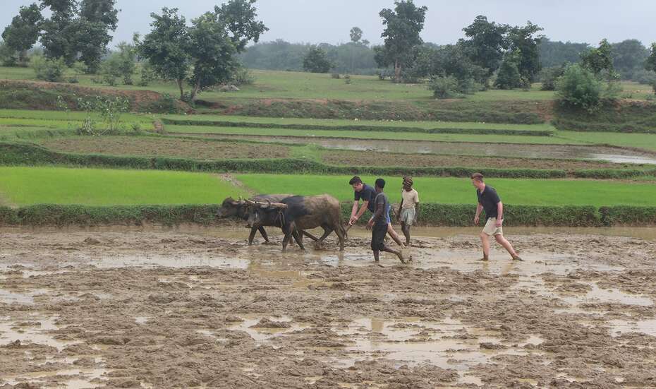 Mit Tier und Werkzeug kämpfen sich die deutschen Azubis durch den Matsch.