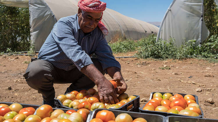 Ein Mann kniet vor mehreren Kisten voller Tomaten. Im Hintergrund sieht man zwei Gewächshäuser.