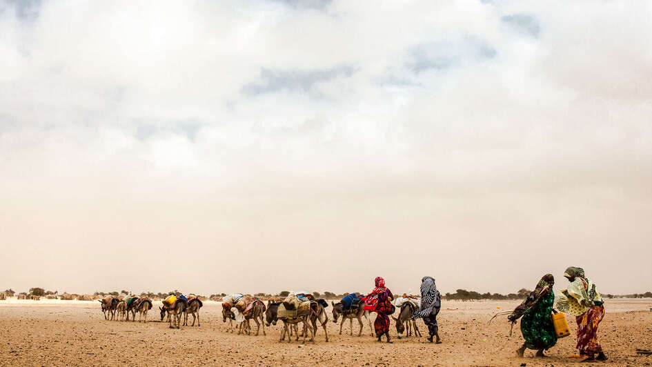 Frauen mit ihren Eseln auf dem Weg zu einer Wasserstelle