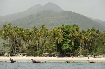 Ein Strand mit Wald und Bergen im Hintergrund.