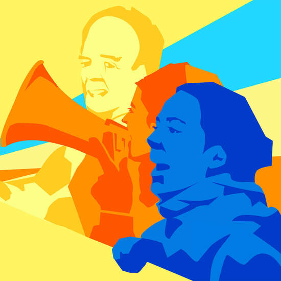 Visual der Großdemonstration gegen die G7-Politik. Es zeigt eine bunte Illustration dreier Menschen mit Megafon