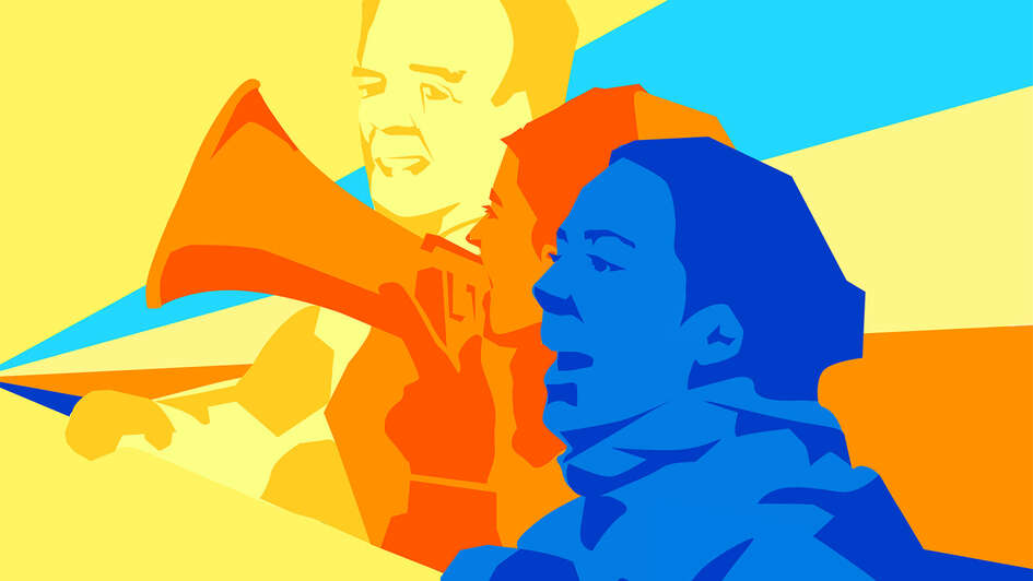 Visual der Großdemonstration gegen die G7-Politik. Es zeigt eine bunte Illustration dreier Menschen mit Megafon