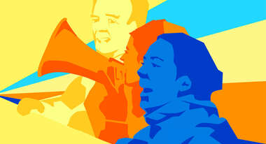 Visual der Großdemonstration gegen die G7-Politik. Es zeigt eine bunte Illustration dreier Menschen mit Megafon