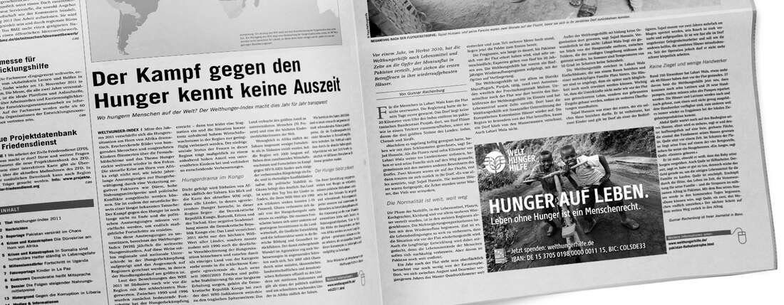 Eine aufgeschlagene Zeitung, rechts unten ist eine Werbung der Welthungerhilfe