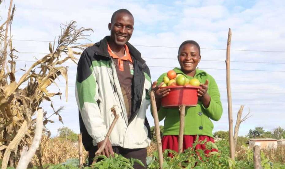 Ein Mann und eine Frau zeigen in einem Garten ihre Ernte.