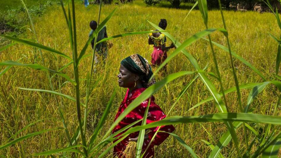 Frauen stehen auf einem Feld.