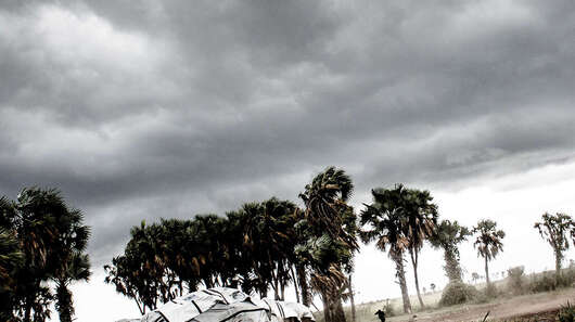 Dunkle Wolken am Himmel, neben aus Holz und Planen gebaute Häuser stehen Palmen, die sich im Wind beugen.