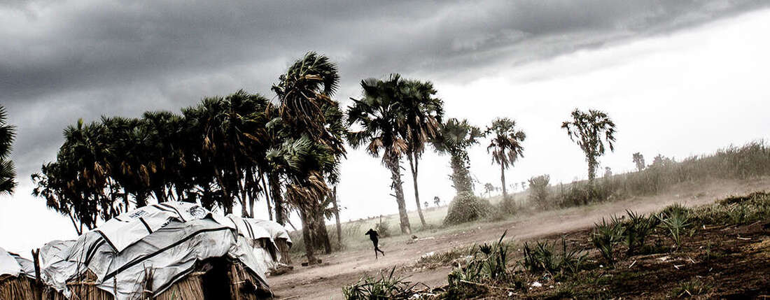 Dunkle Wolken am Himmel, neben aus Holz und Planen gebaute Häuser stehen Palmen, die sich im Wind beugen.