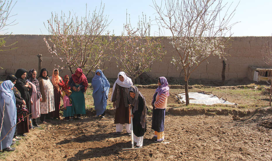 Mehrere Frauen stehen in einem Kreis in einem Garten.