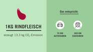 Grafik: Links ein Steack als Icon, darunter der Text: 1 kg Rindfleisch erzeugt 13,3 kg CO2-Emission. Recht, auf dunklerem Hintergrund: Das entspricht: 70 km Autofahren, 369 km Zugfahren.