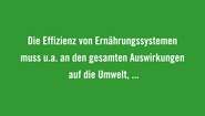 Die Effizienz von Ernährungssystemen muss u.a. an den gesamten Auswirkungen auf die Umwelt, der Nahrungsmittelqualität, sozialen Inklusion und des Zugangs zu Nahrungsmitteln gemessen werden und nicht nur an der Menge der produzierten Lebensmittel. 