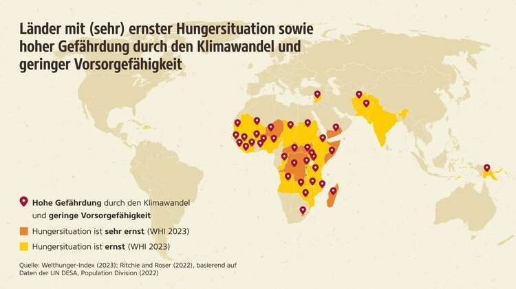 Grafik zur Klimaresilienz: Am meisten Probleme haben Länder mit ernster Ernährungslage, hoher Klimagefährdung und geringer Vorsorgefähigkeit.