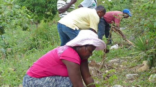 Bäuerinnen und Bauern bauen einen kleinen Steinwall zum Schutz gegen Erosion auf Haiti.