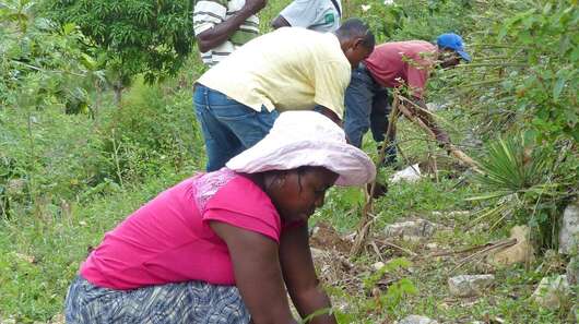 Bäuerinnen und Bauern bauen einen kleinen Steinwall zum Schutz gegen Erosion auf Haiti.