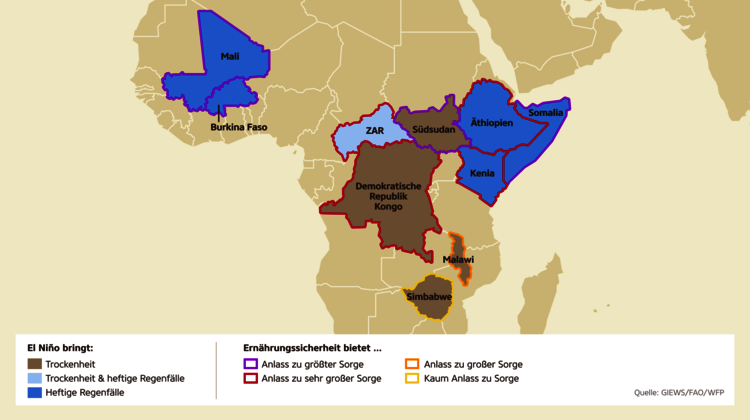 Karte: El Niño bedroht einige Länder Afrikas mit Starkregen oder Dürre