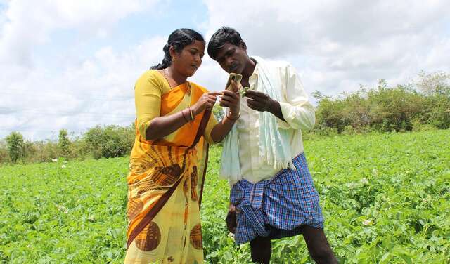 Eine indische Jugendliche erklärt einem Bauern auf einem Feld, wie er die App Sativus nutzen kann.