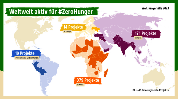 Infografik: Landkarte mit Anzahl der Welthungerhilfe-Projekte pro Kontinent