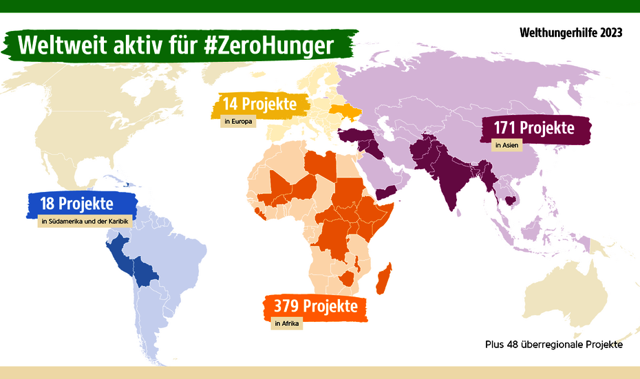 Infografik: Landkarte mit Anzahl der Welthungerhilfe-Projekte pro Kontinent