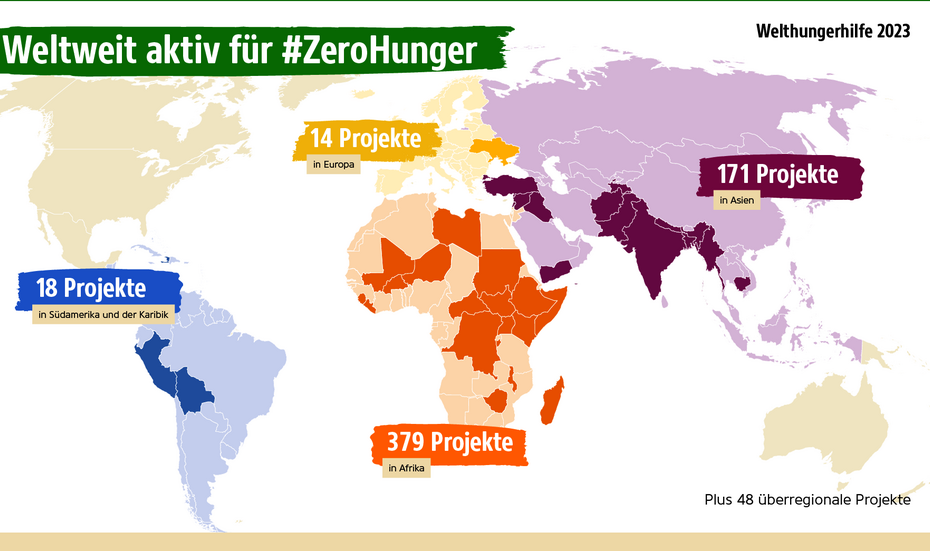 Infografik: Landkarte mit Anzahl der Welthungerhilfe-Projekte pro Kontinent