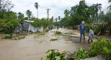 Verwüstete Straße mit zerstörten Häusern und abgeknickten Bäumen