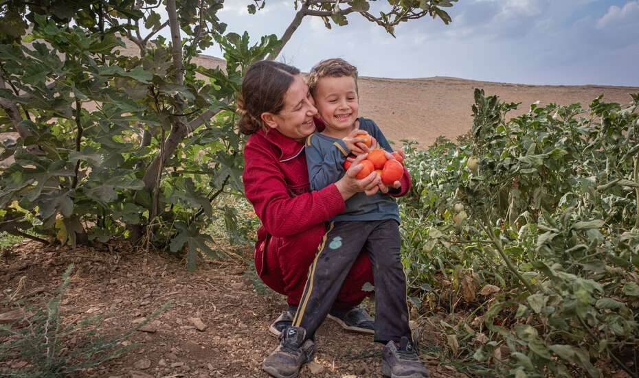 Evin, 23, erntet mit ihrem kleinen Sohn selbst angebaute Tomaten im Irak