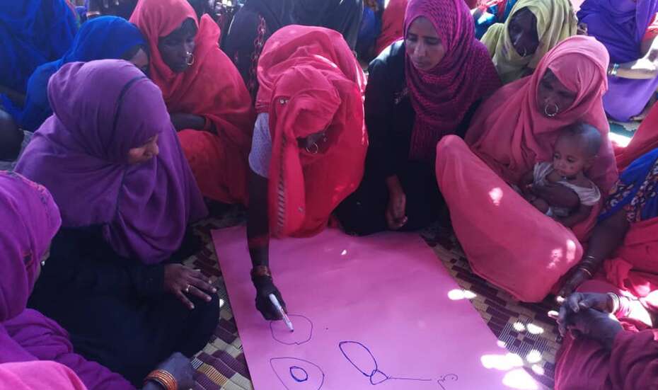 Eine Frauengruppe sitzt auf dem Boden über ein Plakat gebeugt.